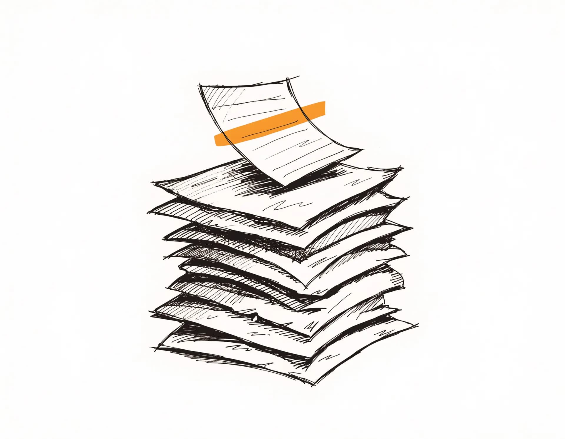 Ink-line sketch of a stack of note pages with one high-yield concept card lifted out and marked by a single amber highlighter swipe