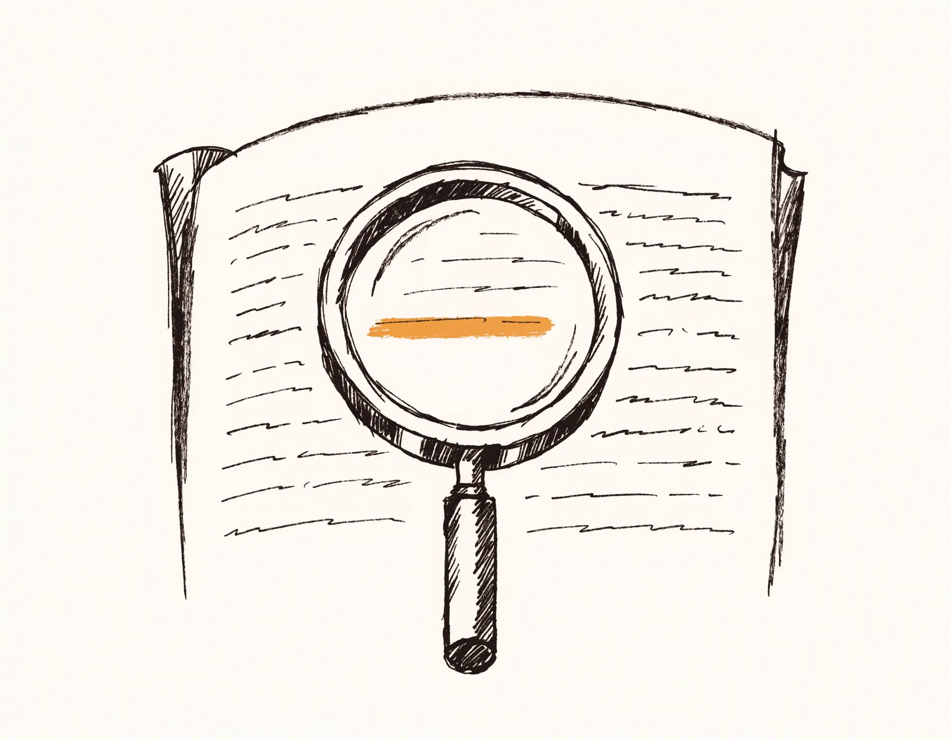 Ink-line sketch of a magnifying glass over an open note page, a single amber highlighter swipe marking one verified line grounded in the student's own notes