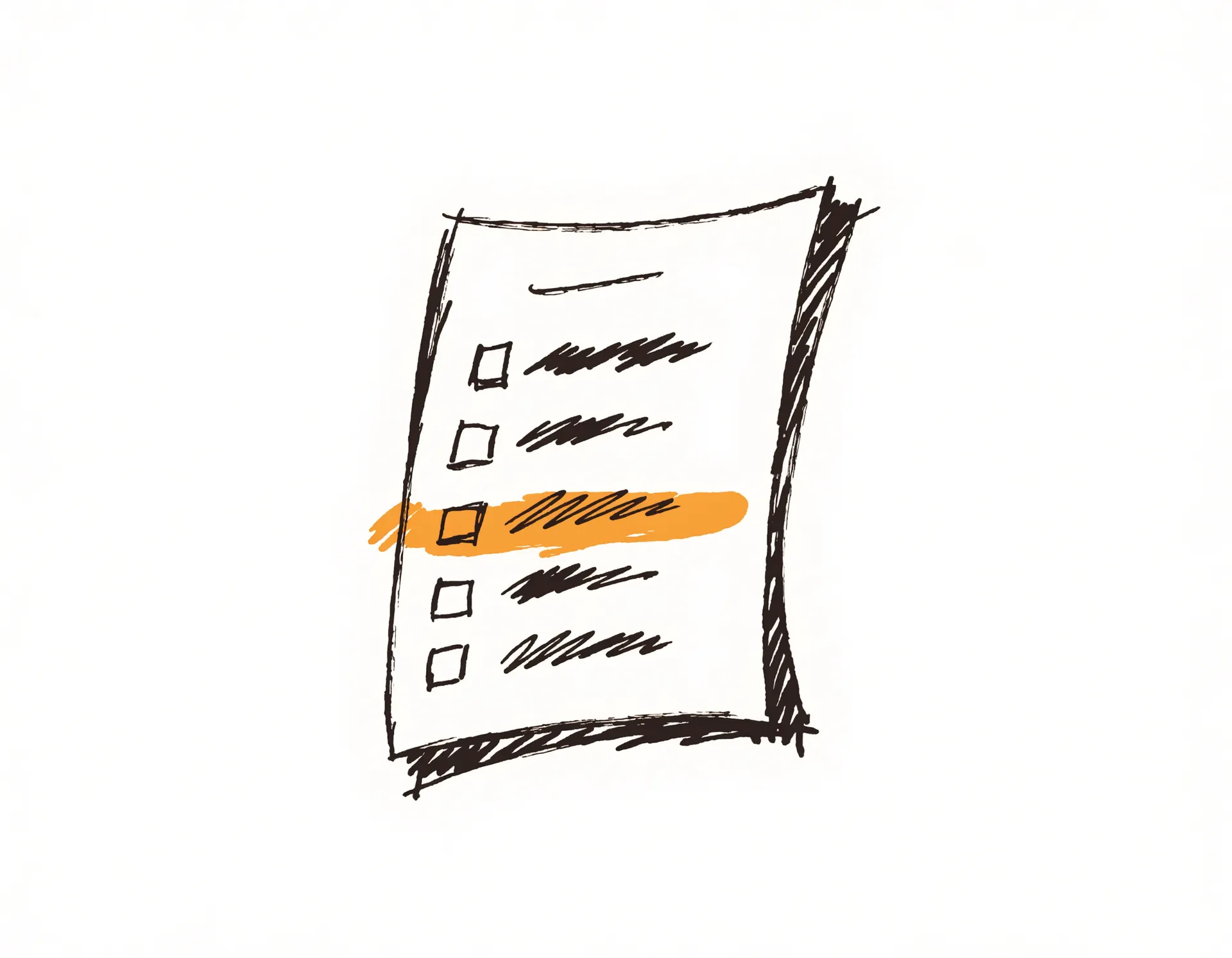 Ink-line sketch of a paper practice-quiz card with checkbox answer options, one answer marked by a single amber highlighter swipe — the weak spot to drill