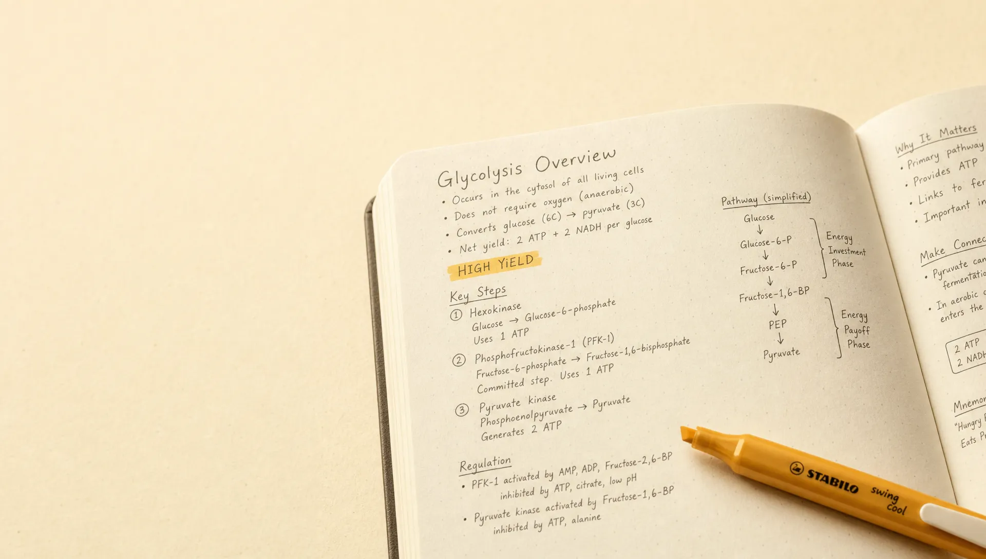 Open study notebook on warm paper; the phrase HIGH YIELD glows under a single amber highlighter sweep